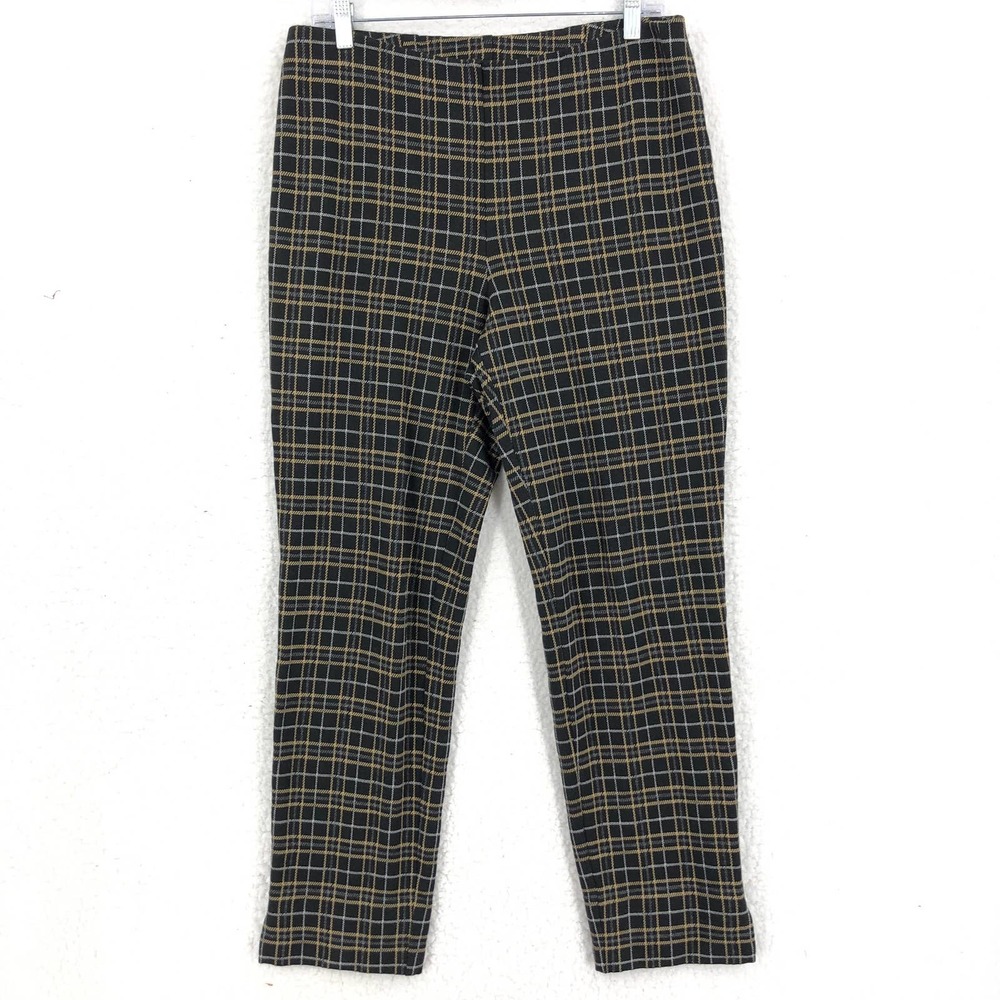 J. Jill Womens M Black Tan Plaid Ponte Pants Flat Front Hi Rise Stretch Slim Leg
